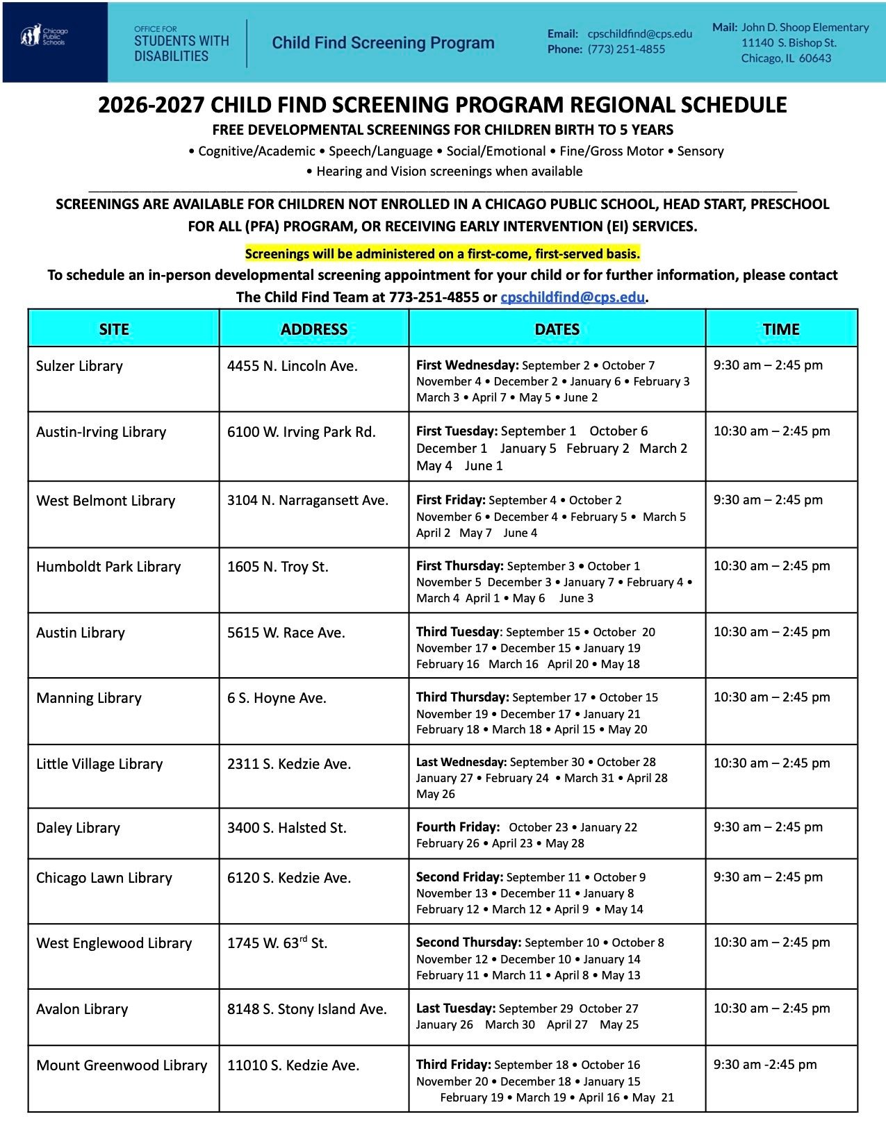 Child Find Screenings 2026/2027 flyer